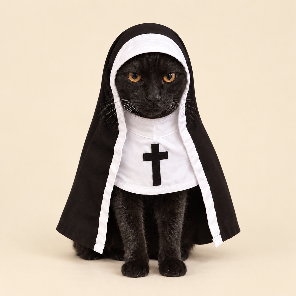 Black cat wearing the FatherDoggy nun costume – hood, white coif and black cross