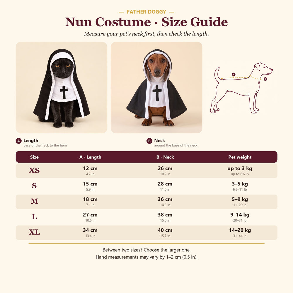 FatherDoggy nun costume size chart – length and neck girth XS to XL