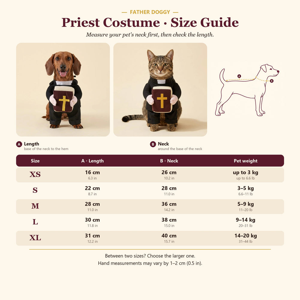 FatherDoggy priest costume size chart – height and neck girth XS to XL