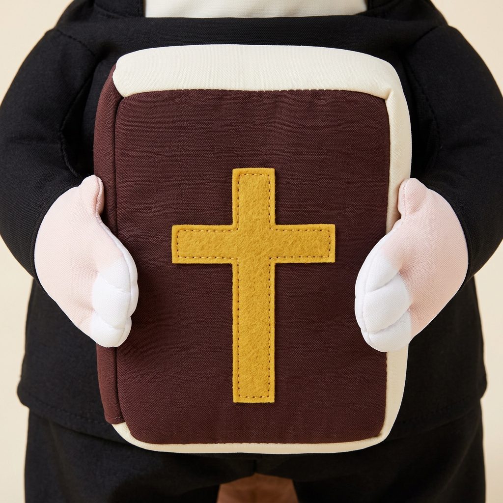 Close-up of the felt bible and mustard cross