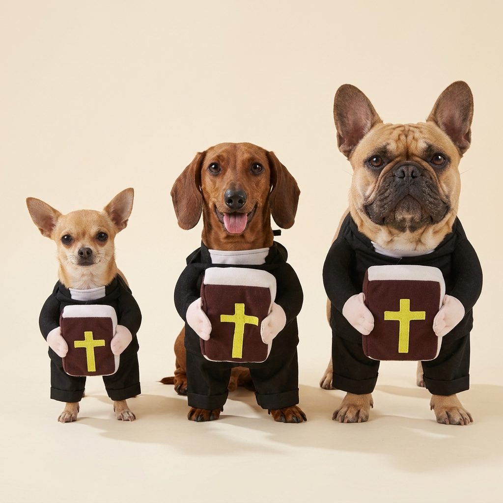 The costume on three different dog sizes